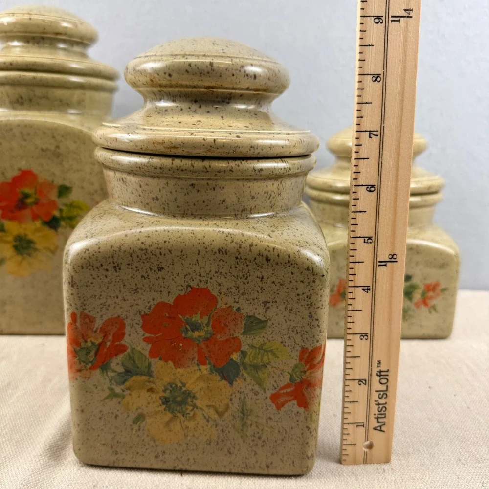 Vintage Clara's Ceramics Floral‎ Canister Set 3 Speckled Stoneware Retro Kitchen
